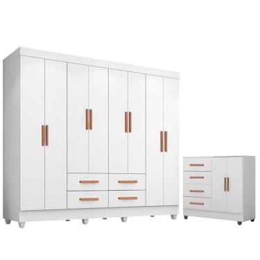 Imagem de Guarda Roupa Casal Porto com Cômoda Lite 4 Gavetas 2 Portas Branco Brilho - Móveis Leão