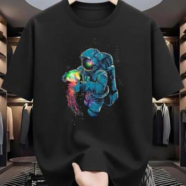 Imagem de Camiseta Masculina 100% Algodão Penteado Astronauta Surrealista Espacial Casual Streetwear Urban-Masculino