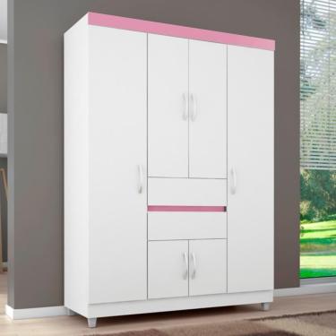 Imagem de Guarda Roupa Infantil Casal Pescara 6 Portas 2 Gavetas MDP Branco-Rosa-Branco Casa H