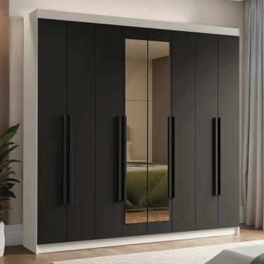 Imagem de Guarda Roupa Casal Venus 8 Portas Batentes 4 Gavetas MDP com Espelho Branco-preto Madesa