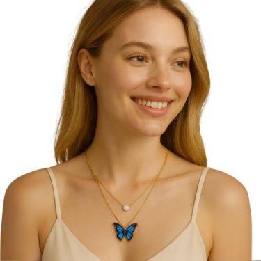 Imagem de Colar Feminino Dourado Duplo Borboleta Azul e Pérola Luxo - - anjo da 