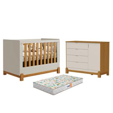 Imagem de Berço Americano Lótus Liso Areia Savana Com Cômoda Sapateira Lótus Liso Areia Savana E Colchão Gazin - Reller