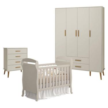 Imagem de Quarto De Bebê 4 Portas Com Cômoda Gaveteiro Isis E Berço Americano Danny Areia Acetinado - Reller