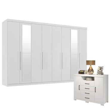 Imagem de Guarda Roupa Casal New Master 8 Portas 4 Gavetas Com Espelho E Cômoda Havana Master Com Pés Branco Brilho- Santos Andirá