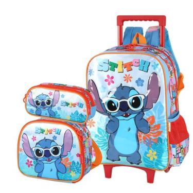 Imagem de Kit Volta As Aulas Mochila de Rodinhas Estojo e Lancheira Stitch Azul 
