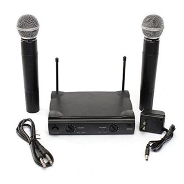 Imagem de KIT MICROFONE SEM FIO DUPLO DE MAO UHF PROFISSIONAL ALCANCE 100 METROS WIRELESS COM 2 MICROFONES PARA KARAOKE IGREJAS BIVOLT
