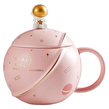 Imagem de seelucky Caneca de balão de ar quente com tampa colher criança caneca de leite de desenho animado caneca 3D xícara de café de cerâmica xícara de chá presente de aniversário escritório casa (caminhada espacial rosa, 400 ml)