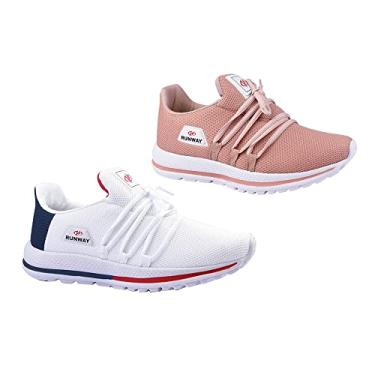Imagem de Kit 2 Pares Tênis De Caminhada Corrida Runway Soft Feminino Tamanho:34;Cor:Branco e Nude