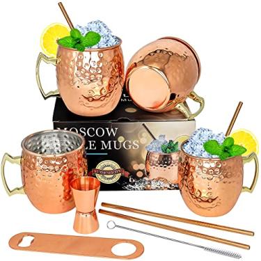 Imagem de LINALL Canecas de cobre Moscow Mule - Conjunto de 4 canecas de aço inoxidável banhadas a cobre 510 g, para bebidas geladas (4 peças)