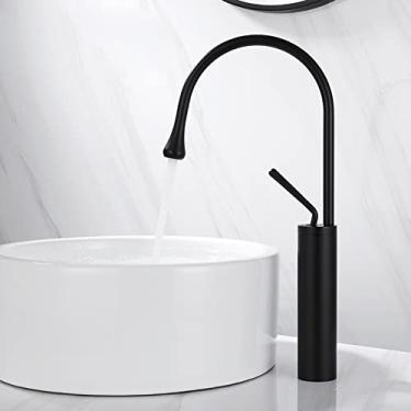 Imagem de Torneira de lavatório estilo gota escovado latão torneiras de banheiro quente frio misturador torneiras 360 giratórias em cascata arte guindaste, preto alto