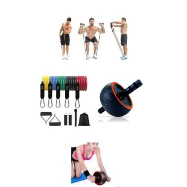 Imagem de Kit Elasticos + Roda Prêmium Profissional Exercicios Abdominal Gluteos