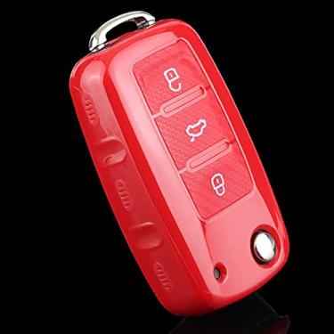 Imagem de CSHU Capa de chave de carro em TPU macio capa chaveiro anel chave bolsa, adequado para VW Volkwagen Polo Bora Tiguan Passat Golf 6 Lavida Scirocco, vermelho