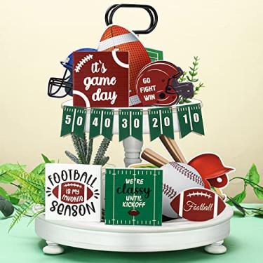 Imagem de 10 peças de bandeja de futebol americano decoração de futebol americano rústico de madeira placa de dia do jogo Go Fight Win Capacete Blocos Bandeja de futebol Conjunto de decoração para temporada de futebol Mesa de festa em casa Decorações de fazenda