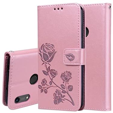 Imagem de YUNCHAO Caixa de telefone Caso de couro de Flip Pu Flip PU com relevo rosa para Huawei Honor 8a/y6 2019, com titular e slots de cartão e carteira capa para celular