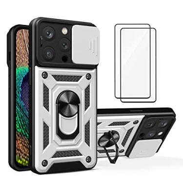 Imagem de Capa iPhone 14 Pro Case (2 pedaços de filme temperado Protetora) de Câmera Proteção de Tela Metal KickStand (Prata)