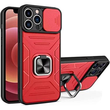 Imagem de IOTUP Capa para iPhone 13/13 Mini/13 Pro/13 Pro Max, proteção contra quedas de nível militar com anel de metal aprimorado suporte magnético com capa de câmera deslizante (cor: vermelho, tamanho: 13pro 6,1 polegadas)