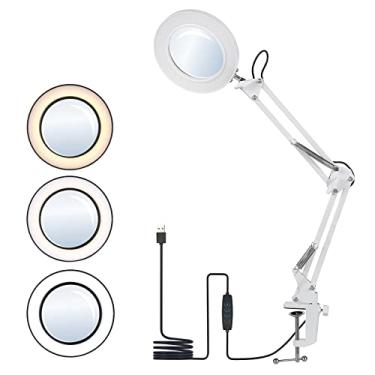 Imagem de LAURAG Candeeiro de mesa flexível com braçadeira com 8x Lupa Braço articulado LEDs reguláveis Luz de mesa 3 modos de cores e 10 níveis de brilho Luz de leitura, trabalho e estudo