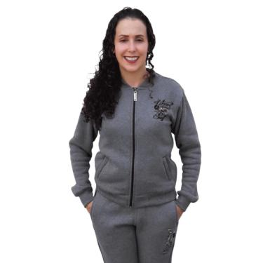 Imagem de Blusa Moletom Feminina Bomber Flanelada com bolsos sem Capuz Mescla escuro-Feminino