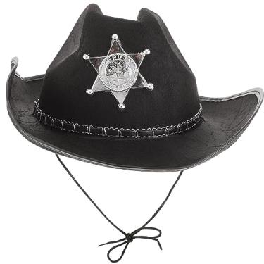 Imagem de Chapéu de caubói, chapéu de xerife do Velho Oeste com cinco estrelas de Halloween cosplay para mulheres homens (Preto)