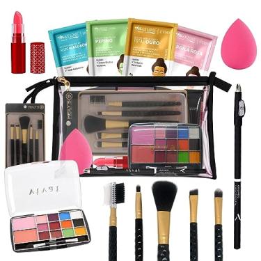Imagem de Kit de maquiagem e completo com estojo sombras e pincéis para mulher, esposa, adolescente (Base Escura)