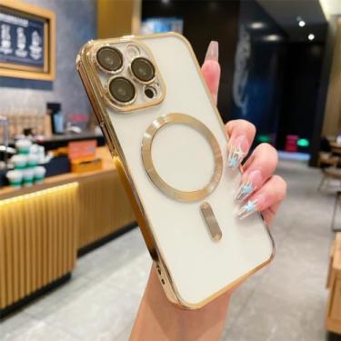 Imagem de Caso chapeamento de luxo para iphone 14 13 12 11 pro max x xr xs max 7 8 plus magnética carga sem fio lente vidro capa, ouro, para iphone 7, 8