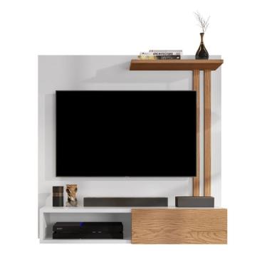 Imagem de Estante Painel Suspenso Televisão TV 32 Polegadas Prateleira Decorativa Nicho Eletrônico Porta de Correr Sala Quarto Flow - Branco/Nature - Mania
