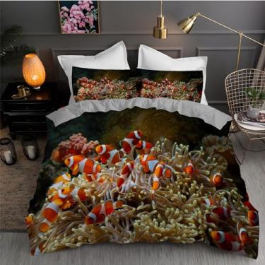 Imagem de Jogo de cama solteiro coral peixe-palhaço, conjunto de 3 peças para decoração de quarto, capa de edredom de microfibra macia 152 x 232 cm e 2 fronhas, com fecho de zíper e laços