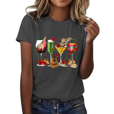 Imagem de Camisetas femininas 2024 Cinco de Mayo com estampa de taça de vinho mexicana Fiesta Mexicana Camisetas casuais de verão soltas e confortáveis, Cinza escuro, XXG