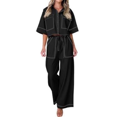 Imagem de Tankaneo Conjunto feminino casual de 2 peças, camisa com colarinho de botão, calça larga e bolsos, Preto, Large