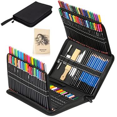 Imagem de KALOUR Conjunto de lápis de desenho premium 144, incluindo 120 lápis de cor e 24 kit de esboço, kit de lápis de arte em estojo de viagem com zíper, para desenhar, esboçar e colorir, ideal para