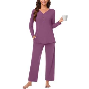 Imagem de Anyally Conjunto de pijama feminino, plus size, 2 peças, roupa de dormir, outono, manga comprida, calça comprida com bolsos, conjunto de pijama feminino, A04 malva, G