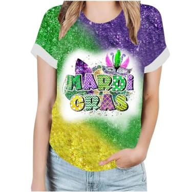 Imagem de Camiseta feminina Mardi Gras de manga curta estampada camisetas de férias camisetas casuais folgadas blusas de carnaval, A01#multicor, XXG
