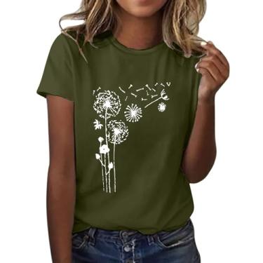 Imagem de Camiseta feminina com estampa de flor de dente-de-leão manga curta gola redonda moderna top leve feminino ombro vazado, Ag, P