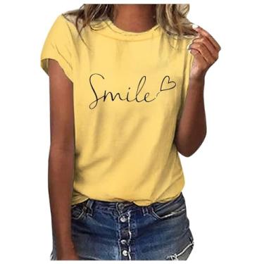 Imagem de Camiseta feminina manga cavada com estampa de letras sorridentes, gola redonda, cor sólida, casual, solta, básica, moda de verão 2024, Amarelo, XXG