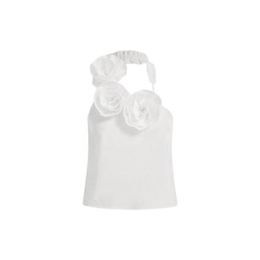 Imagem de BEAUDRM Camiseta regata feminina com flores 3D para o verão, sem mangas, frente única, frente única, frente única, Branco, G