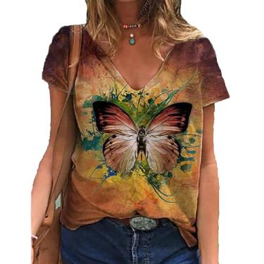 Imagem de BOMYTAO Camiseta feminina com estampa de borboleta em aquarela fofa para amantes de animais, gola V, casual, manga curta, Multicolorido 2, GG