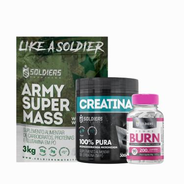 Imagem de Kit: Hipercalórico Army Super Mass 3Kg + Creatina Monohidratada Pote 300g + Termogênico Femme Burn 90g - Soldiers Nutrition