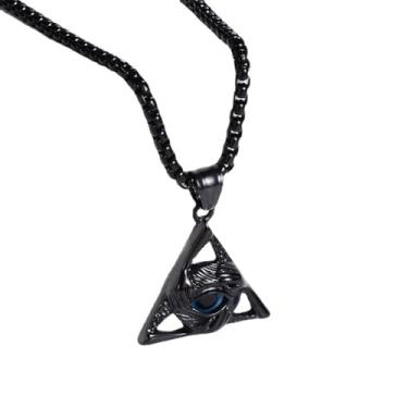 Imagem de Blowin Colar Hip Hop masculino retrô de aço inoxidável, vintage, proteção contra mau-olhado, triângulo, pingente Illuminati, olho egípcio de Horus Ra, corrente de 61 cm (preto azul)