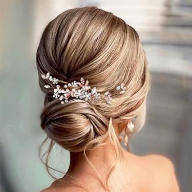Imagem de Pente de cabelo Casdre Crystal Bride de casamento ouro rosa pérola lateral pente flor casamento acessórios cabelo peça de cabelo para mulheres e meninas