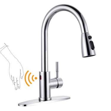 Imagem de Torneira de cozinha sem toque de aço inoxidável: WOWOW Sensor de movimento inteligente Torneira de pia de cozinha com pulverizador, torneira de cozinha cromada polida sem mão automática para pia 1 ou