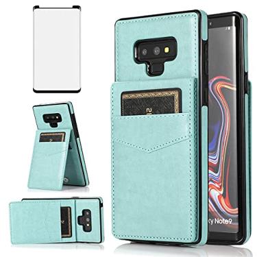 Imagem de Capa de telefone para Samsung Galaxy Note 9 com protetor de tela de vidro temperado e porta-cartão de crédito capa carteira suporte acessórios celulares de couro galáxias note9 gaxaly glaxay não S9 capas mulheres homens verde