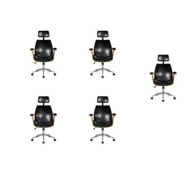 Imagem de Kit com 5 Cadeiras de Escritório Presidente Giratória com Apoio de Cabeça Office Lisboa Preto