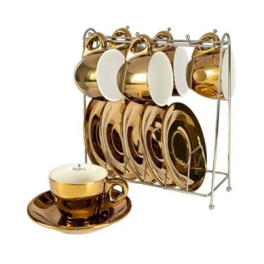 Imagem de Xícaras para Café Porcelana Dourada Crominno 80ml 6un com Rack  - L'he