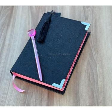 Imagem de KIT Bíblia Glitter Preta cp dura + caneta rosa glitter coração + marca