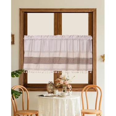 Imagem de BOYOUTH Cortina de saia curta listrada marrom com emenda de linho e algodão, cortinas de bolso para cozinha, sala de jantar, café, banheiro decoração de janela pequena, 140 x 61 cm, 1 painel