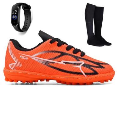 Imagem de Kit Chuteira Infantil Futebol Campo Society Meninos Meião + Relógio - 