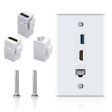 Imagem de Poyiccot Placa de parede HDMI RJ45, placa de parede com 3 portas HDMI USB, 1 conector HDMI fêmea para fêmea + 1 Ethernet RJ45 Cat6 + 1 x conector USB 3.0 placa de parede fundamental para placa