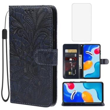 Imagem de Gufuwo Capa para Redmi Note 11 4G, capa carteira Redmi Note 11S com protetor de tela de vidro temperado, capa de telefone flip de couro PU de renda para Xiaomi Redmi Note 11S azul escuro