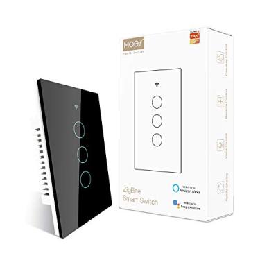 Imagem de MOES Interruptor de luz de parede ZigBee Smart Touch, requer cubo Tuya ZigBee 3.0, sem fio neutro/fiação N+L, sem capacitor, controle remoto Smart Life Tuya 2/3 vias, funciona com Alexa Google Home, 2MQTT, 3 gang preto