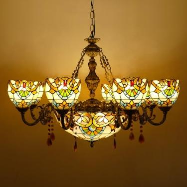 Imagem de JGWSMQ Lustre Tiffany com 11 Luzes Creme Marrom Vitral Pingente Corrente de Luz Ajustável Vitoriano Pendurar Luminárias para Sala de Estar Sala de Jantar Quarto Hotel, 35 Polegadas